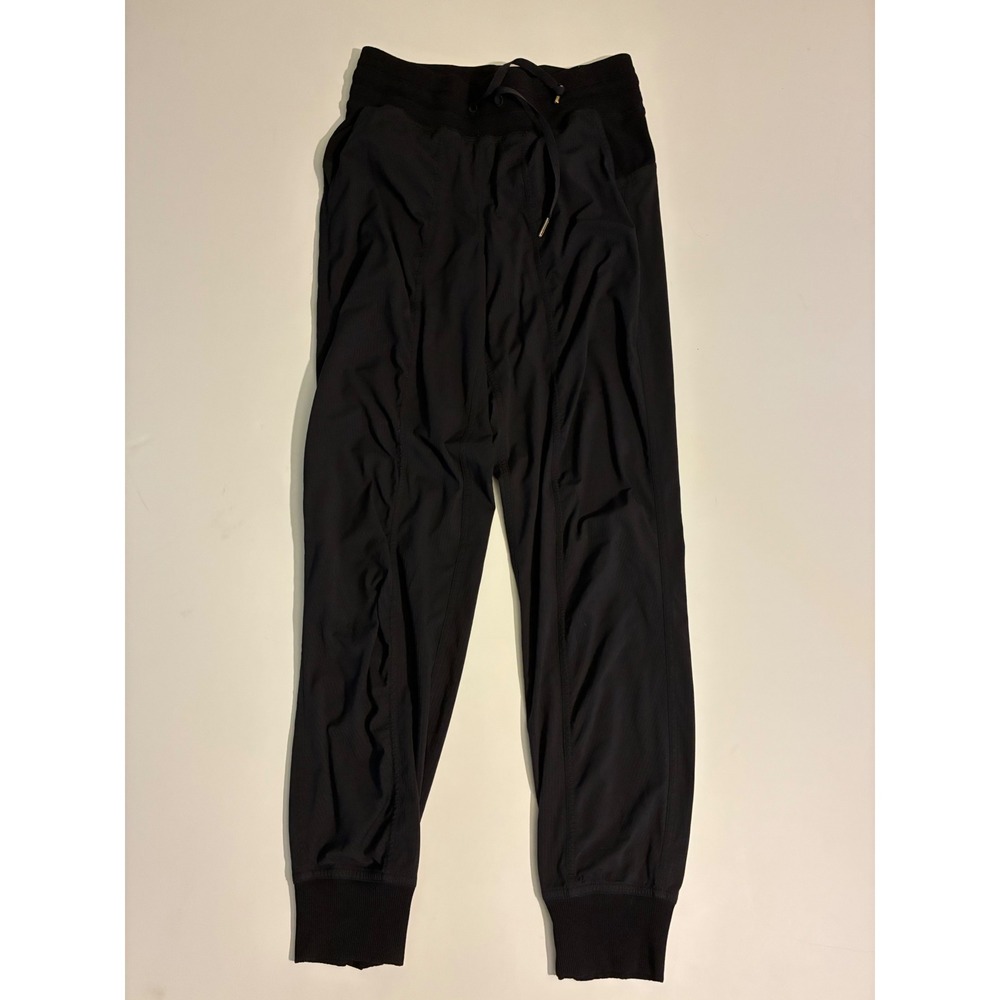 Lululemon Womens SIze 4 Black Athletic Jogger Pants Waist Drawstring Pinstripe